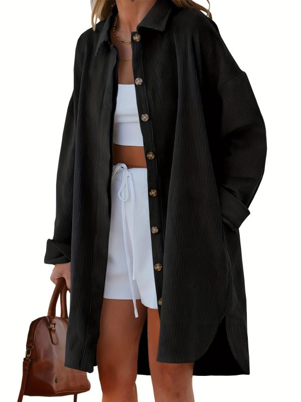 women's light blue corduroy shacket casual long button shirt with side slit, oversized collar coat for spring & fall, polyester fabric, machine washable