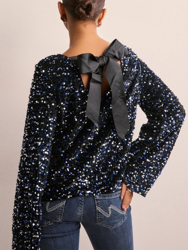 elegant women's long sleeve glitter sequin top round neck with chic back bow, stretchy & comfortable polyester blend, perfect for party wear