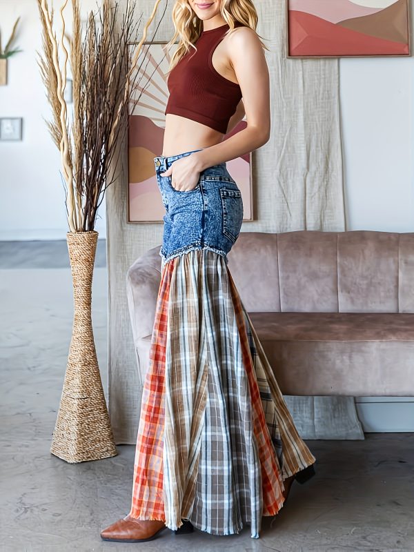 women's denim patchwork flared bell bottom pants with ruffled hem street style casual trousers, all season regular fit length for everyday outings, relaxed outfit jeans, durable fabric jeans