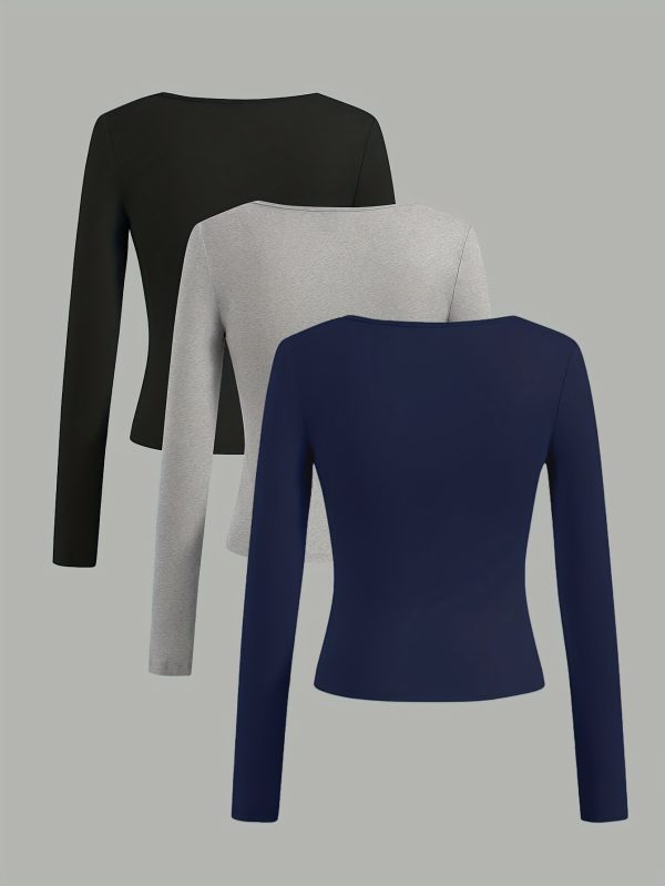 women's spring and autumn classic three color square neck long sleeve, simple fashionable versatile new style, 3pcs set