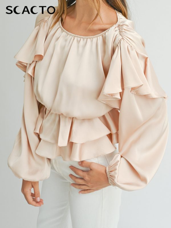 beige long sleeve top with ruffled layered design, round neck style, suitable for daily casual or stylish matching