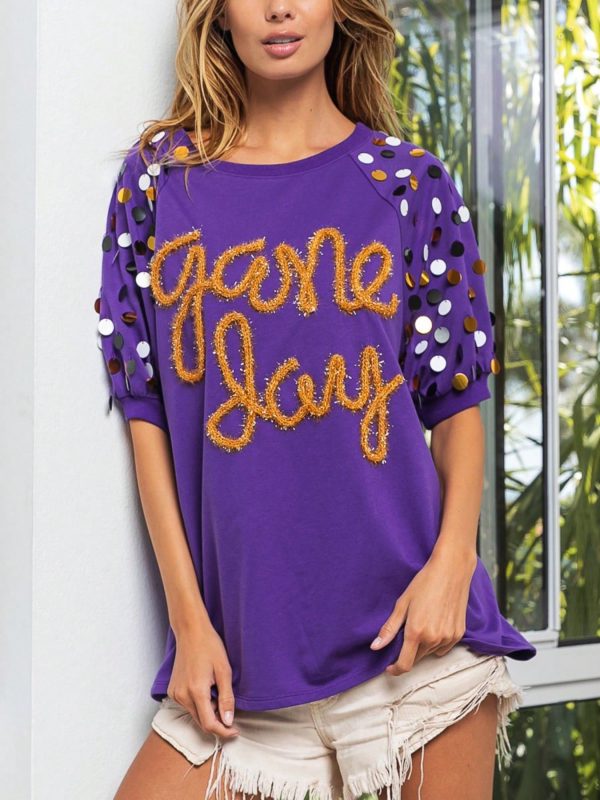 womens casual t shirt playful game day graphic tee polka dot sleeve design fashion purple gold letter print short puff sleeve round neck oversized loose fit athletic spirit wear team fan celebration top summer spring