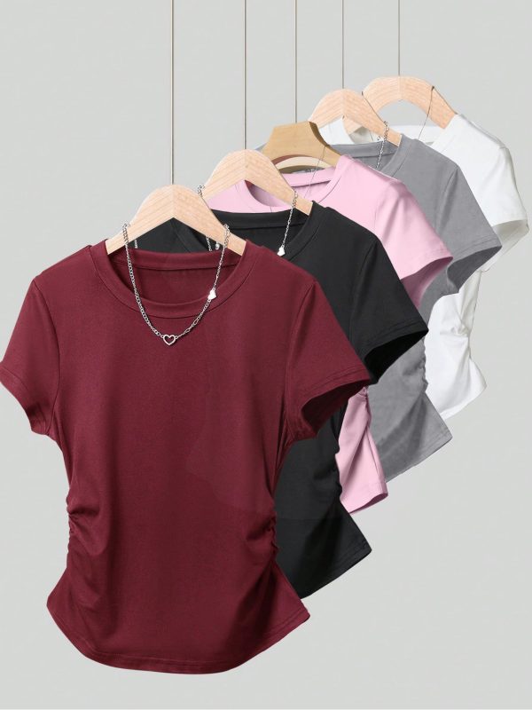 women's solid color fitted short sleeve round neck t shirt