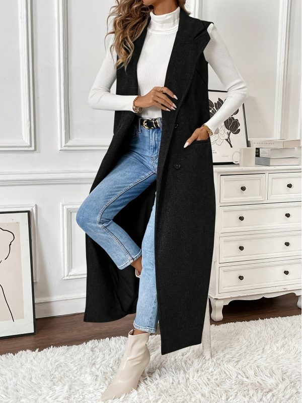 2025 autumnu002fwinter women with sleeveless lapel double breasted single breast pocket floor length coat, suitable for leisure or vacation women