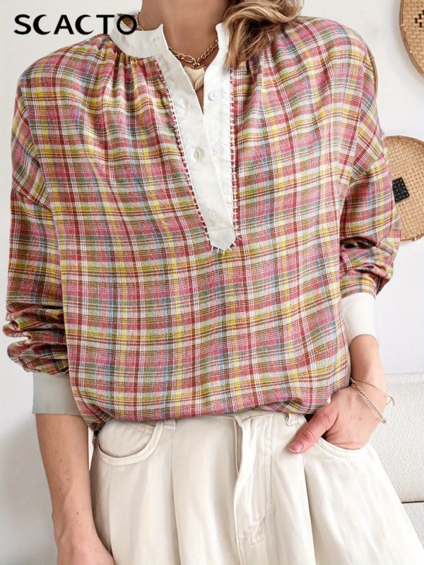 women's elegant pink plaid patchwork blouse button front henley shirt in pink, red, beige, white, green all season office & casual tops machine washable non transparent clothing, nontransparent fabric